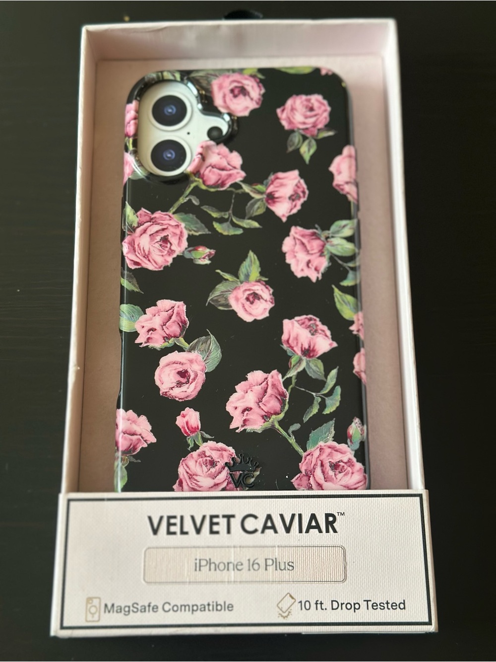 Velvet Caviar iPhone 16 Plus Black Case with Pink Rose Floral Print